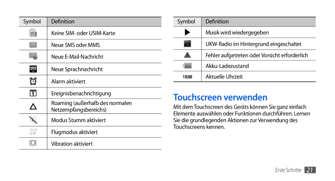 Samsung GT-I5800DKADBT, GT-I5800DKADTM, GT-I5800DKAATO manual Touchscreen verwenden, Akku-Ladezustand, Aktuelle Uhrzeit 