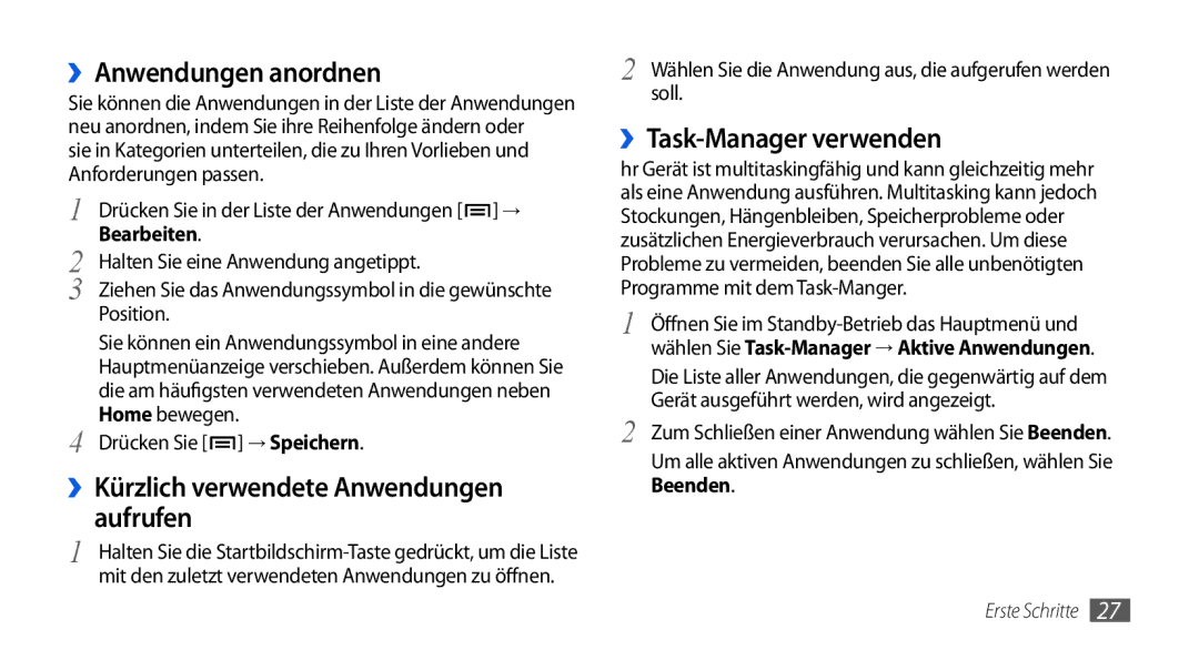 Samsung GT-I5800DKAXEG manual ››Anwendungen anordnen, Aufrufen, ››Task-Manager verwenden, ››Kürzlich verwendete Anwendungen 