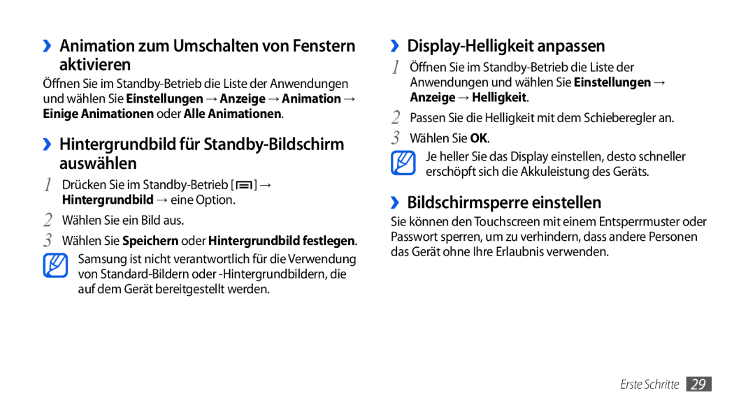 Samsung GT-I5800DKADBT, GT-I5800DKADTM ››Animation zum Umschalten von Fenstern aktivieren, ››Display-Helligkeit anpassen 