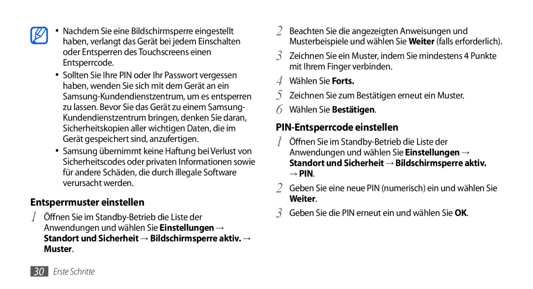 Samsung GT-I5800DKAATO, GT-I5800DKADTM Mit Ihrem Finger verbinden, Wählen Sie Forts, Wählen Sie Bestätigen, → Pin, Weiter 