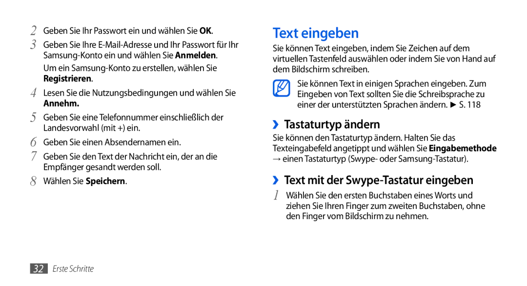 Samsung GT-I5800DKADTM, GT-I5800DKADBT Text eingeben, ››Tastaturtyp ändern, ››Text mit der Swype-Tastatur eingeben, Annehm 