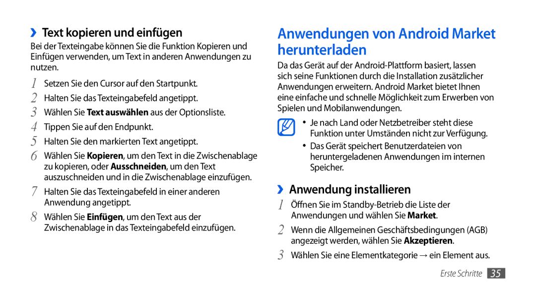 Samsung GT-I5800DKAXEG, GT-I5800DKADTM manual Anwendungen von Android Market herunterladen, ››Text kopieren und einfügen 