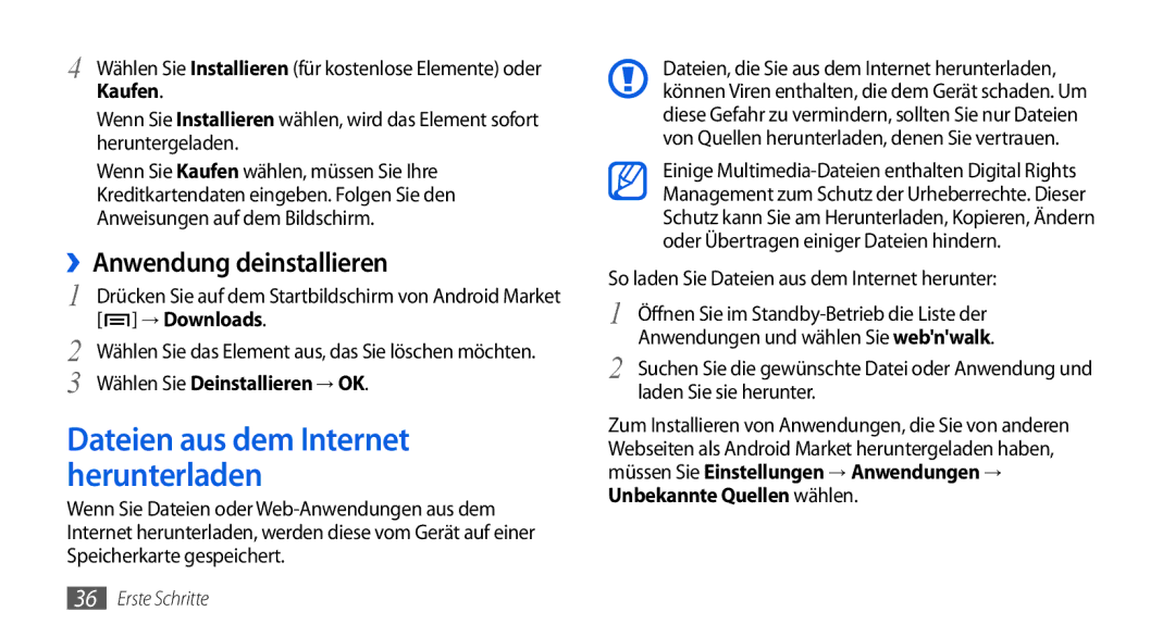 Samsung GT-I5800DKADTM, GT-I5800DKADBT manual ››Anwendung deinstallieren, → Downloads, Wählen Sie Deinstallieren → OK 