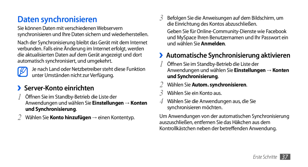 Samsung GT-I5800DKADBT manual Daten synchronisieren, ››Server-Konto einrichten, ››Automatische Synchronisierung aktivieren 