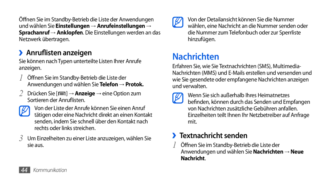 Samsung GT-I5800DKADTM, GT-I5800DKADBT, GT-I5800DKAATO manual Nachrichten, ››Anruflisten anzeigen, ››Textnachricht senden 