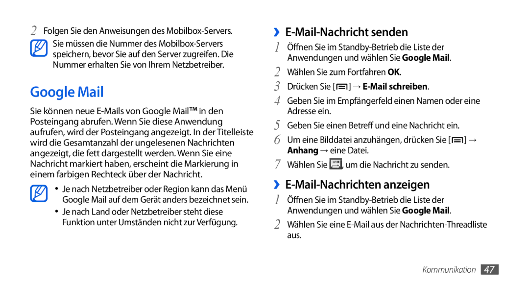 Samsung GT-I5800DKAXEG, GT-I5800DKADTM manual Google Mail, ››E-Mail-Nachricht senden, ››E-Mail-Nachrichten anzeigen 