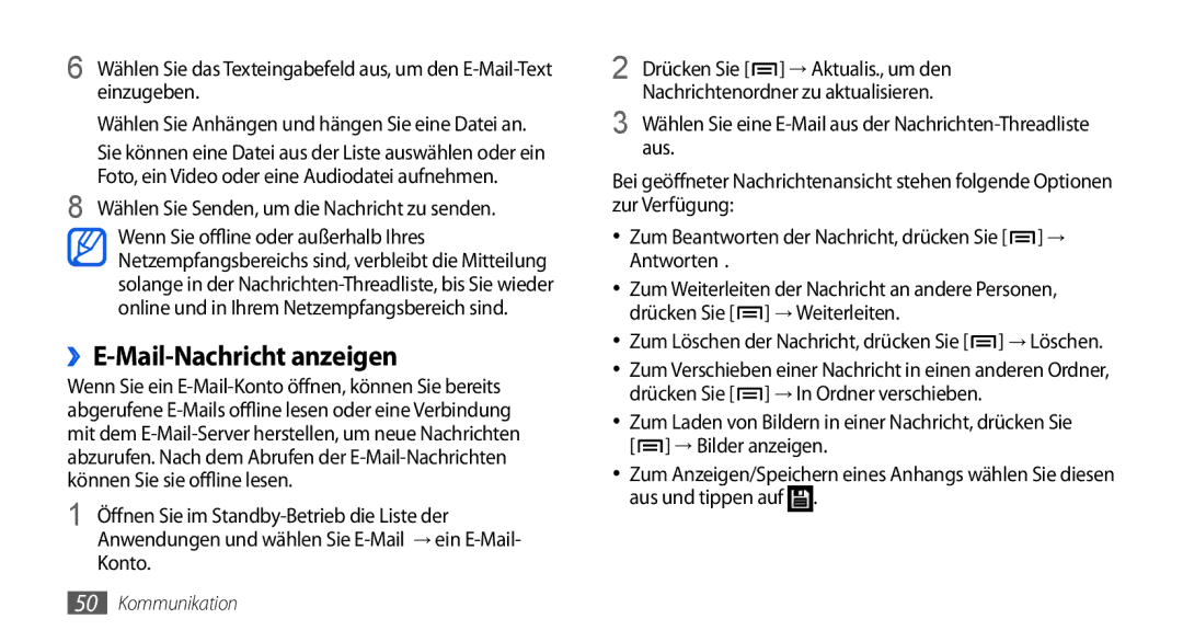 Samsung GT-I5800DKAATO, GT-I5800DKADTM, GT-I5800DKADBT, GT-I5800DKAXEG manual ››E-Mail-Nachricht anzeigen, Aus 
