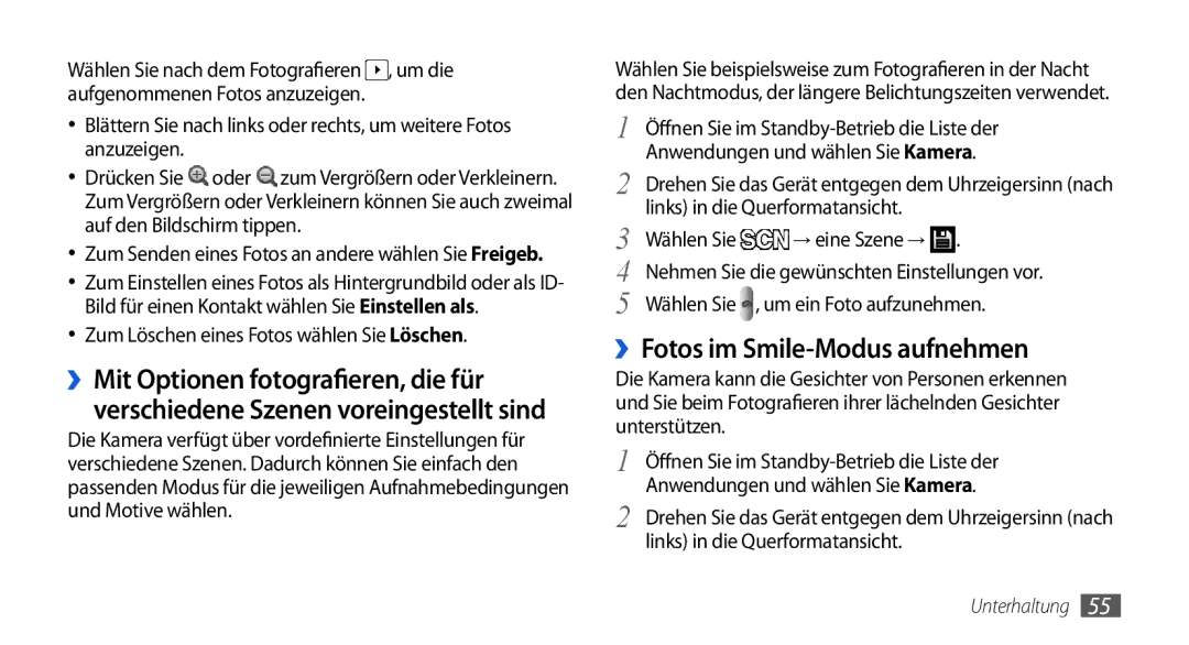 Samsung GT-I5800DKAXEG, GT-I5800DKADTM manual ››Fotos im Smile-Modus aufnehmen, Zum Löschen eines Fotos wählen Sie Löschen 