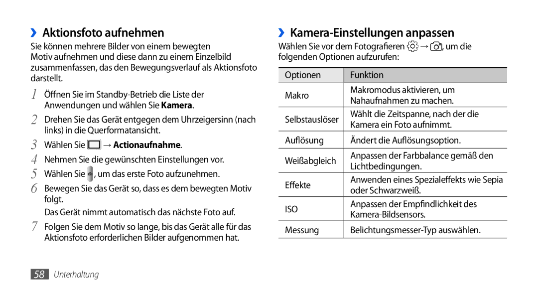 Samsung GT-I5800DKAATO manual ››Aktionsfoto aufnehmen, ››Kamera-Einstellungen anpassen, Wählen Sie → Actionaufnahme 