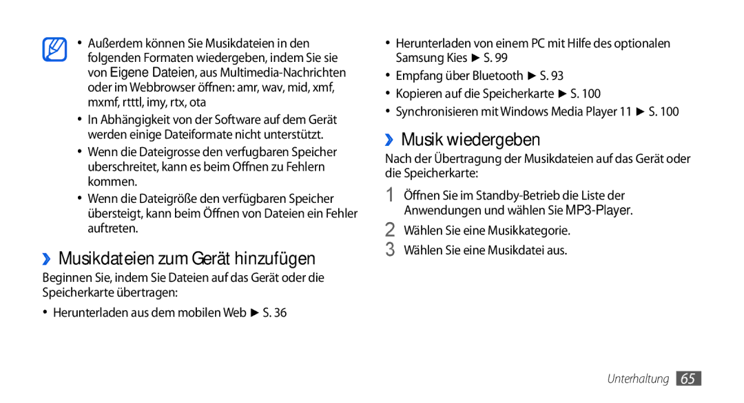Samsung GT-I5800DKADBT manual ››Musikdateien zum Gerät hinzufügen, ››Musik wiedergeben, Wählen Sie eine Musikkategorie 