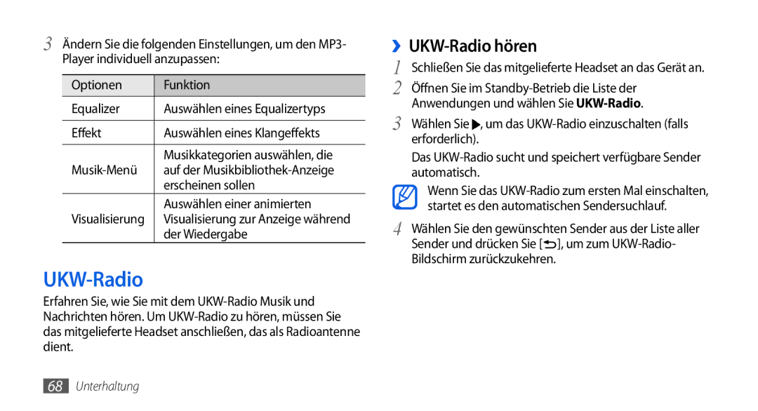 Samsung GT-I5800DKADTM, GT-I5800DKADBT, GT-I5800DKAATO, GT-I5800DKAXEG manual ››UKW-Radio hören 