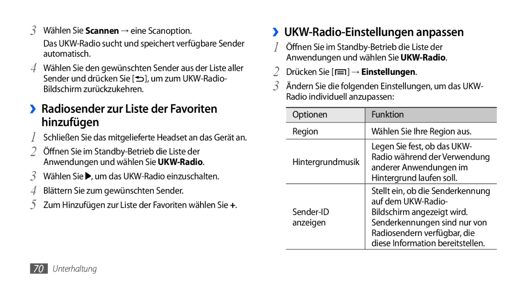 Samsung GT-I5800DKAATO manual ››Radiosender zur Liste der Favoriten hinzufügen, ››UKW-Radio-Einstellungen anpassen 