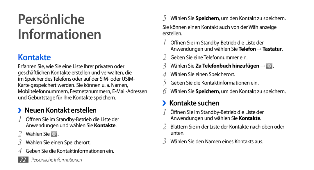 Samsung GT-I5800DKADTM, GT-I5800DKADBT manual Persönliche Informationen, ››Neuen Kontakt erstellen, ››Kontakte suchen 