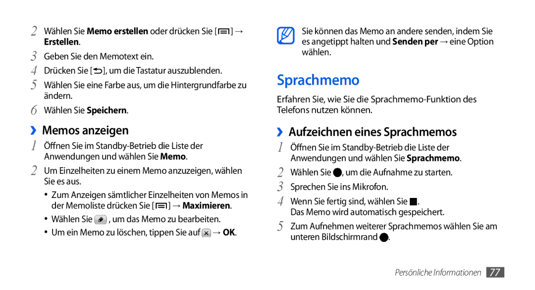 Samsung GT-I5800DKADBT, GT-I5800DKADTM, GT-I5800DKAATO ››Memos anzeigen, ››Aufzeichnen eines Sprachmemos, Erstellen 