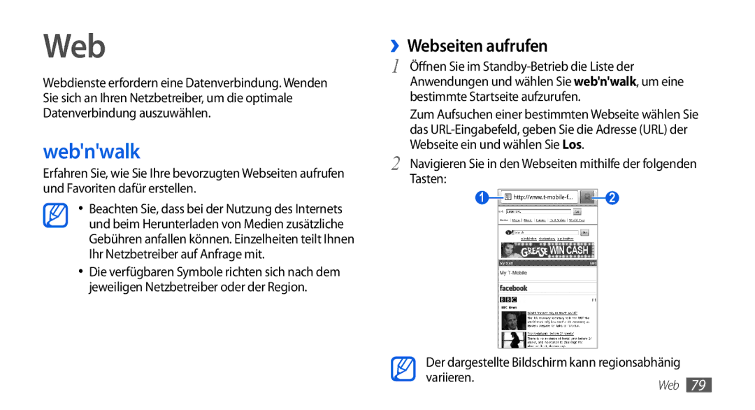 Samsung GT-I5800DKAXEG, GT-I5800DKADTM, GT-I5800DKADBT, GT-I5800DKAATO manual Webnwalk, ››Webseiten aufrufen, Variieren 