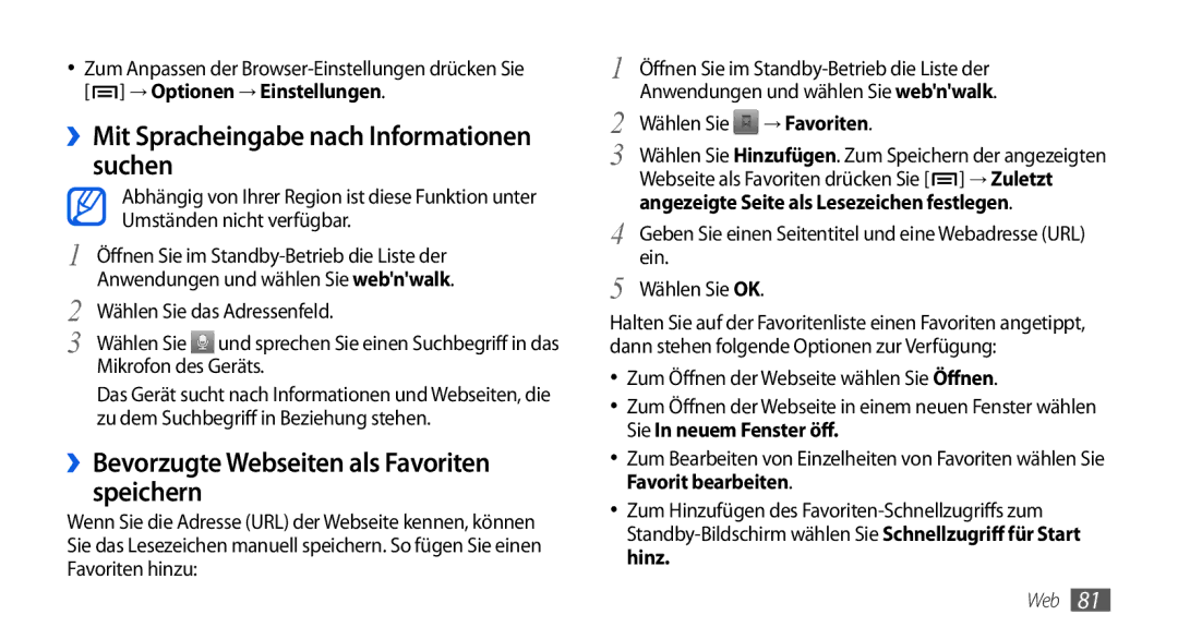 Samsung GT-I5800DKADBT manual ››Mit Spracheingabe nach Informationen suchen, ››Bevorzugte Webseiten als Favoriten speichern 