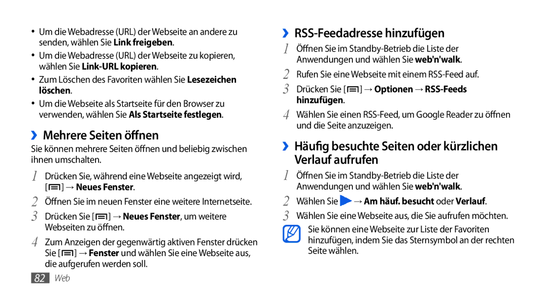 Samsung GT-I5800DKAATO, GT-I5800DKADTM manual ››Mehrere Seiten öffnen, ››RSS-Feedadresse hinzufügen, Verlauf aufrufen 