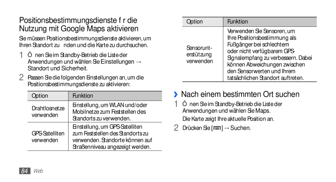 Samsung GT-I5800DKADTM, GT-I5800DKADBT, GT-I5800DKAATO manual ››Nach einem bestimmten Ort suchen, Standort und Sicherheit 