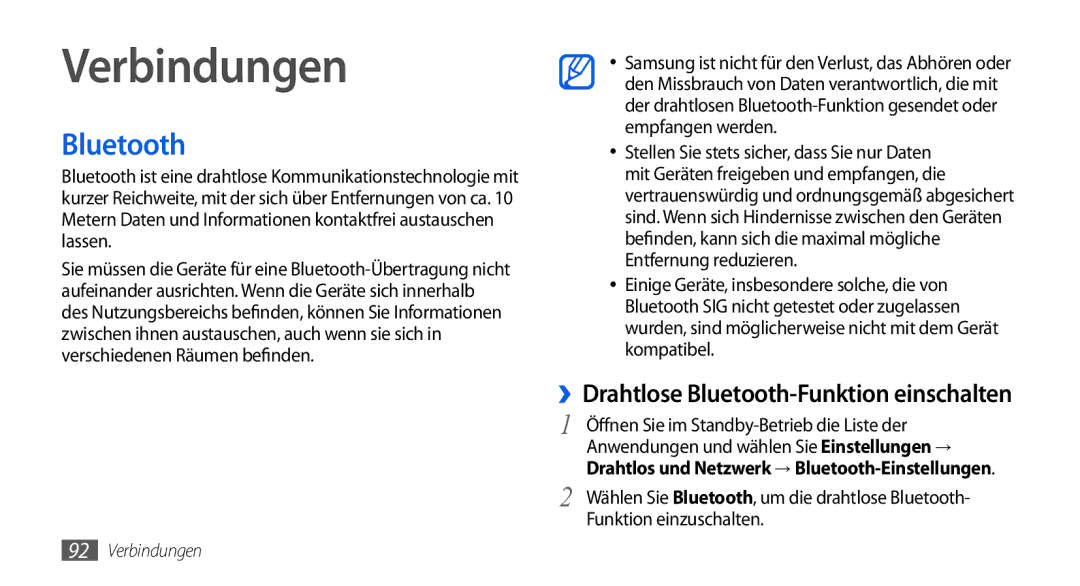 Samsung GT-I5800DKADTM, GT-I5800DKADBT, GT-I5800DKAATO manual Verbindungen, ››Drahtlose Bluetooth-Funktion einschalten 