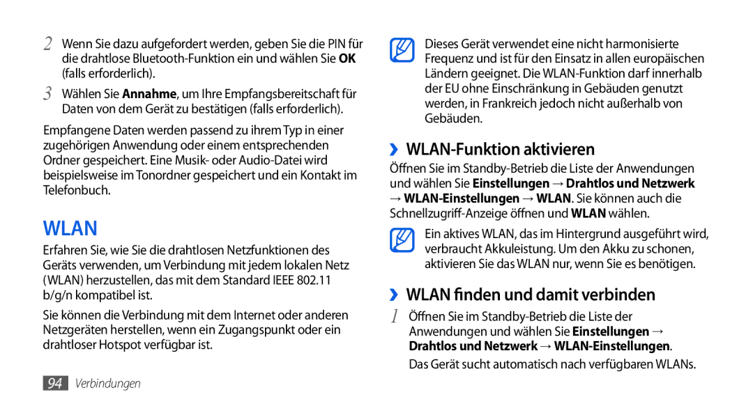 Samsung GT-I5800DKAATO, GT-I5800DKADTM ››WLAN-Funktion aktivieren, ››WLAN finden und damit verbinden, Falls erforderlich 