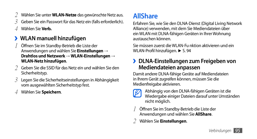 Samsung GT-I5800DKAXEG AllShare, ››WLAN manuell hinzufügen, Mediendateien anpassen, ››DLNA-Einstellungen zum Freigeben von 