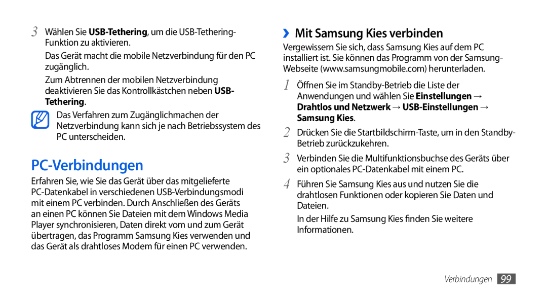 Samsung GT-I5800DKAXEG, GT-I5800DKADTM manual PC-Verbindungen, ››Mit Samsung Kies verbinden, Betrieb zurückzukehren 