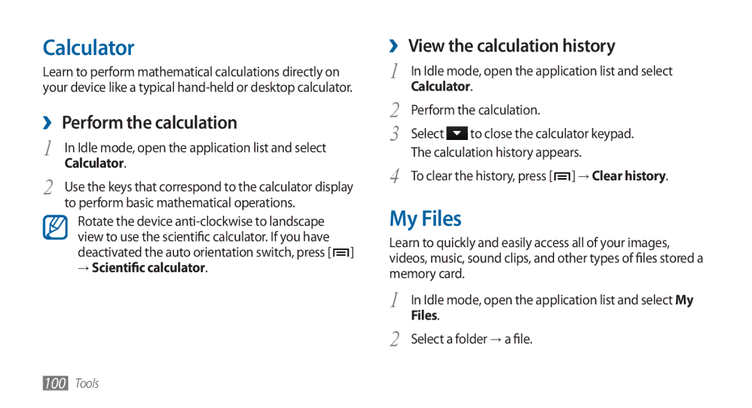 Samsung GT-I5800DKADTM, GT-I5800DKADBT Calculator, My Files, ›› Perform the calculation, ›› View the calculation history 