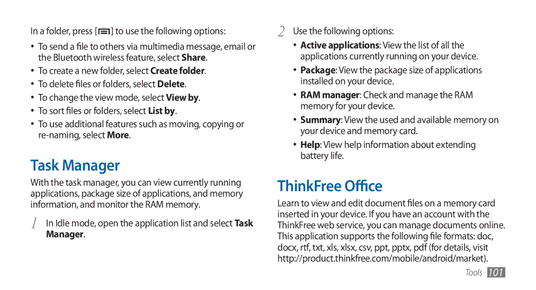 Samsung GT-I5800DKADBT, GT-I5800DKADTM manual Task Manager, ThinkFree Office, A folder, press to use the following options 