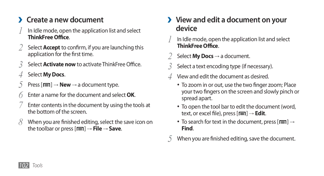 Samsung GT-I5800DKAATO manual ›› Create a new document, ›› View and edit a document on your device, ThinkFree Office 