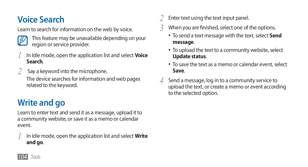 Samsung GT-I5800DKADTM, GT-I5800DKADBT, GT-I5800DKAATO, GT-I5800DKAXEG manual Voice Search, Write and go 