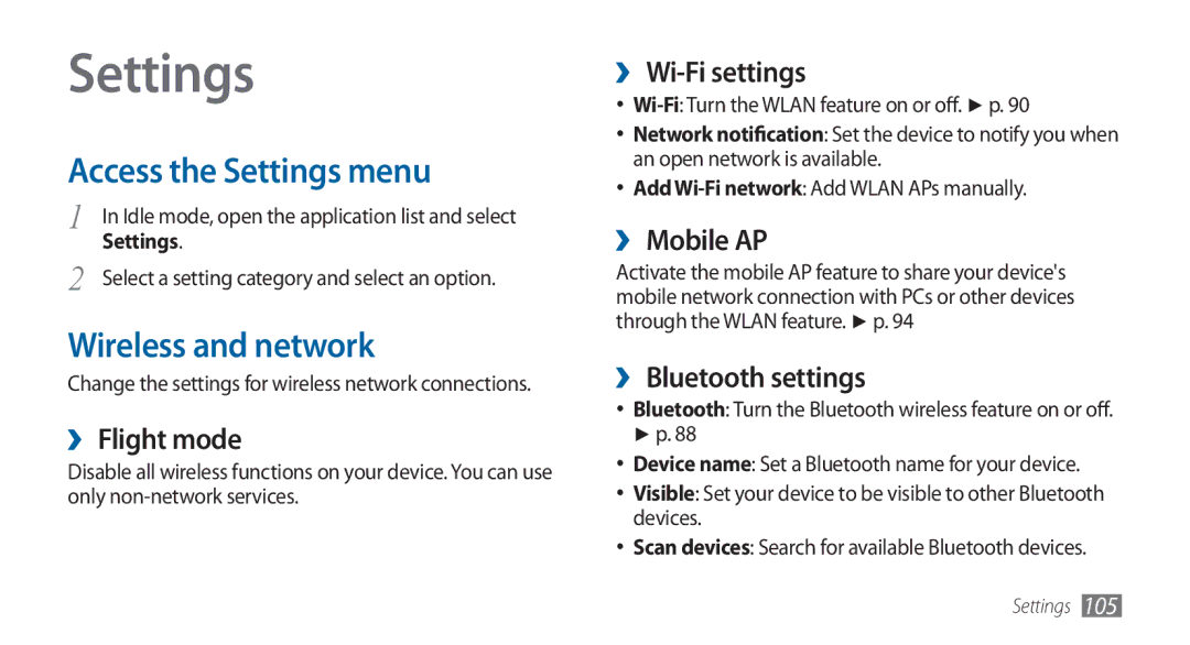 Samsung GT-I5800DKADBT, GT-I5800DKADTM, GT-I5800DKAATO, GT-I5800DKAXEG Access the Settings menu, Wireless and network 