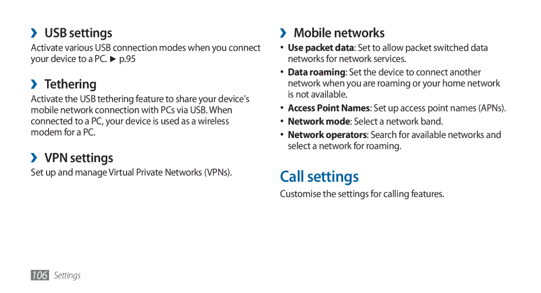 Samsung GT-I5800DKAATO, GT-I5800DKADTM Call settings, ›› USB settings, ›› Tethering, ›› VPN settings, ›› Mobile networks 