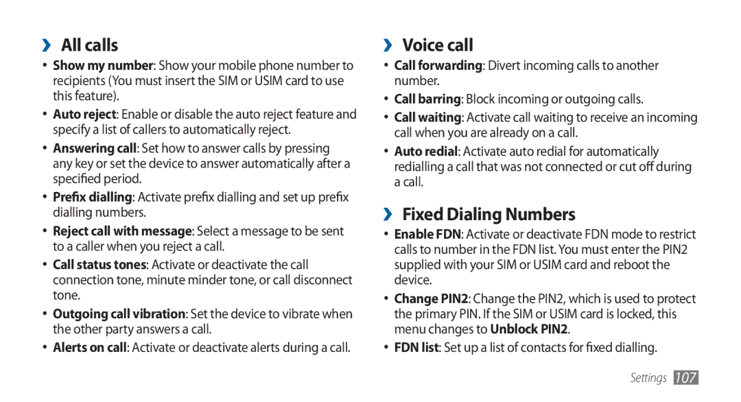 Samsung GT-I5800DKAXEG, GT-I5800DKADTM, GT-I5800DKADBT, GT-I5800DKAATO ›› All calls, ›› Voice call, ›› Fixed Dialing Numbers 