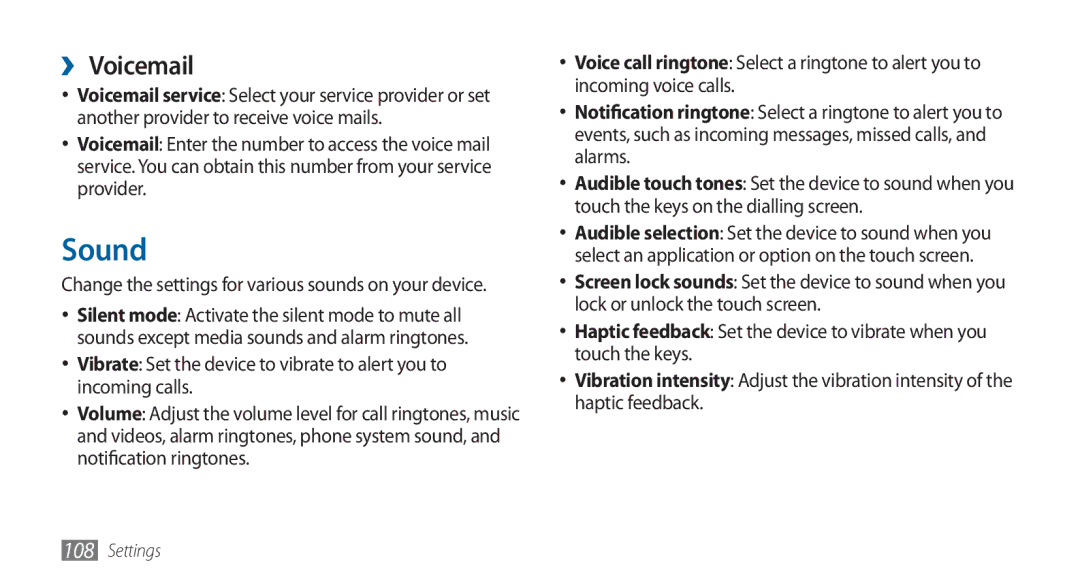 Samsung GT-I5800DKADTM, GT-I5800DKADBT, GT-I5800DKAATO, GT-I5800DKAXEG manual Sound, ›› Voicemail 