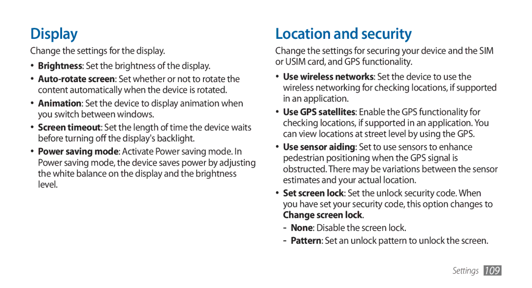 Samsung GT-I5800DKADBT, GT-I5800DKADTM, GT-I5800DKAATO, GT-I5800DKAXEG manual Display, Location and security 