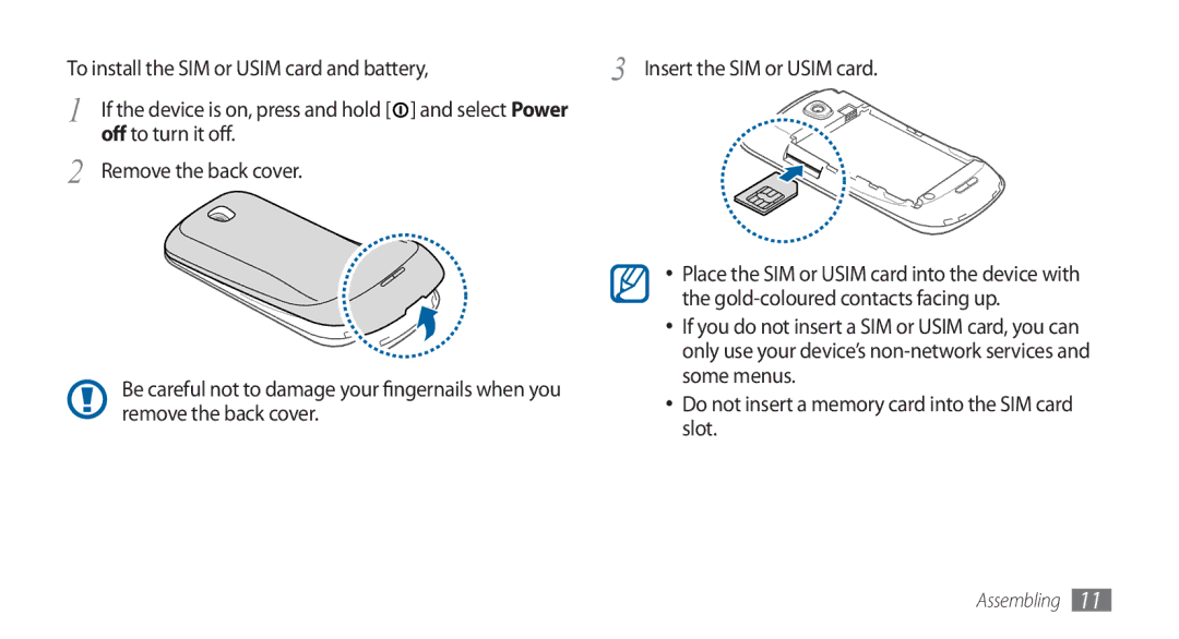 Samsung GT-I5800DKAXEG manual Off to turn it off Remove the back cover, Gold-coloured contacts facing up, Some menus, Slot 