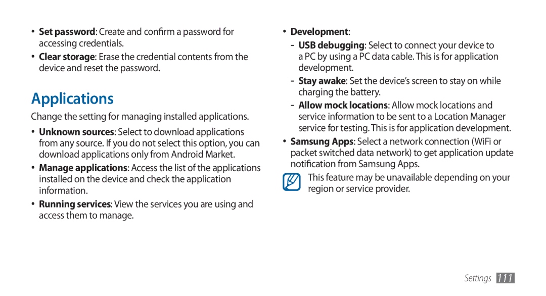 Samsung GT-I5800DKAXEG, GT-I5800DKADTM, GT-I5800DKADBT, GT-I5800DKAATO manual Applications, Development 