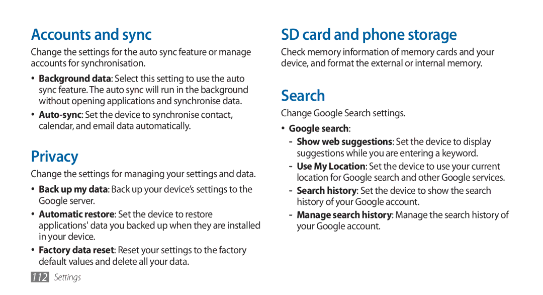 Samsung GT-I5800DKADTM, GT-I5800DKADBT manual Accounts and sync, Privacy, SD card and phone storage, Search, Google search 