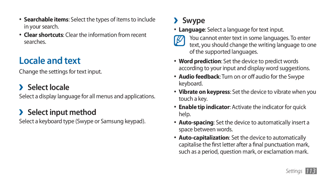 Samsung GT-I5800DKADBT, GT-I5800DKADTM, GT-I5800DKAATO Locale and text, ›› Select locale, ›› Select input method, ›› Swype 