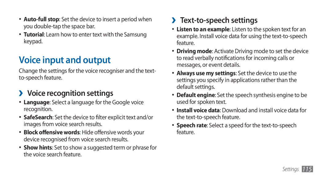 Samsung GT-I5800DKAXEG, GT-I5800DKADTM Voice input and output, ›› Voice recognition settings, ›› Text-to-speech settings 