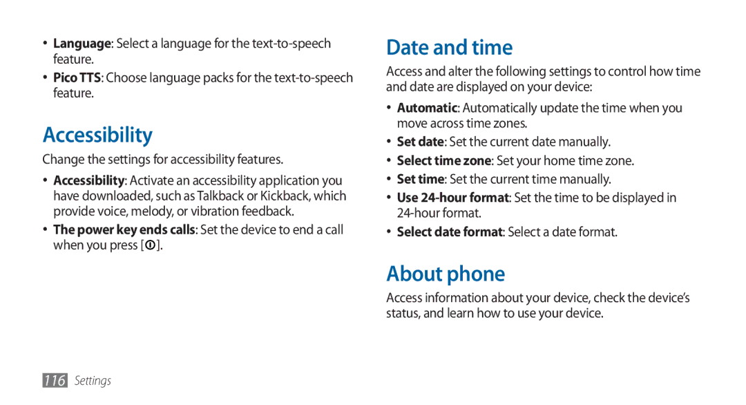 Samsung GT-I5800DKADTM manual Accessibility, Date and time, About phone, Change the settings for accessibility features 