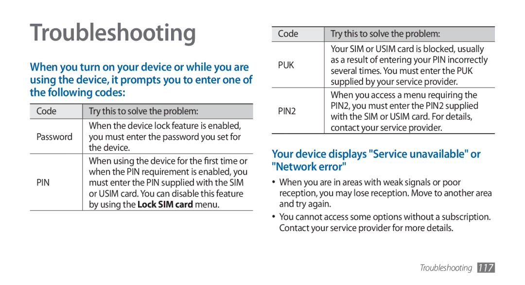 Samsung GT-I5800DKADBT, GT-I5800DKADTM manual Troubleshooting, Your device displays Service unavailable or Network error 