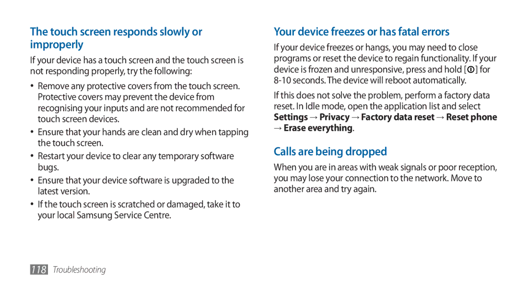 Samsung GT-I5800DKAATO, GT-I5800DKADTM Touch screen responds slowly or improperly, Your device freezes or has fatal errors 