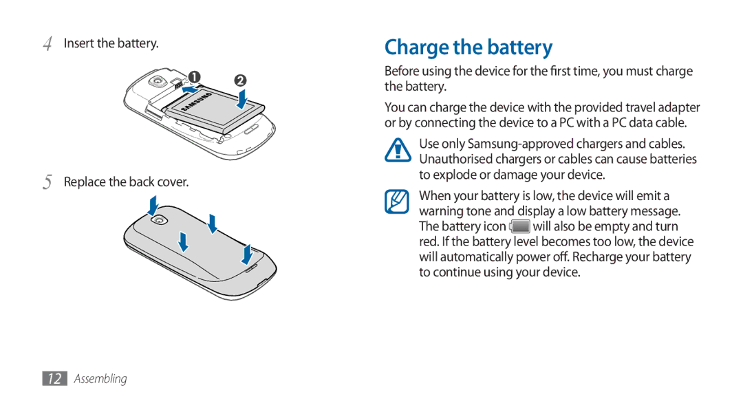 Samsung GT-I5800DKADTM, GT-I5800DKADBT, GT-I5800DKAATO manual Charge the battery, Insert the battery Replace the back cover 