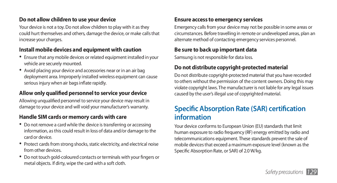 Samsung GT-I5800DKADBT Specific Absorption Rate SAR certification information, Do not allow children to use your device 