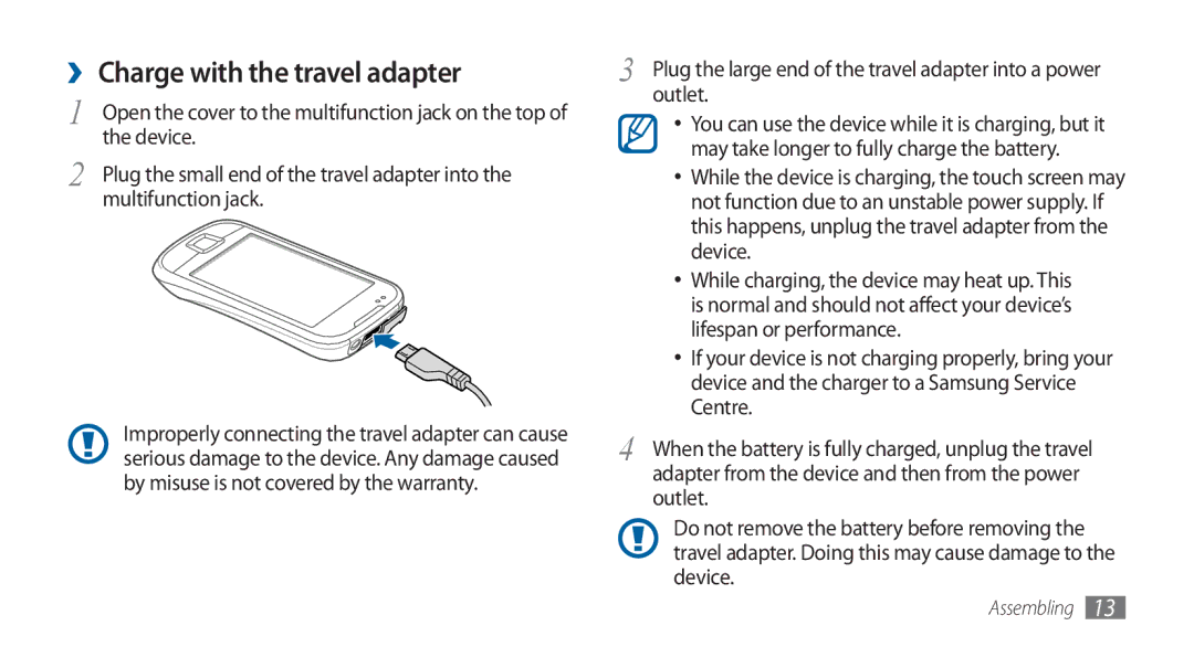 Samsung GT-I5800DKADBT, GT-I5800DKADTM manual ›› Charge with the travel adapter, Device, Multifunction jack, Outlet 