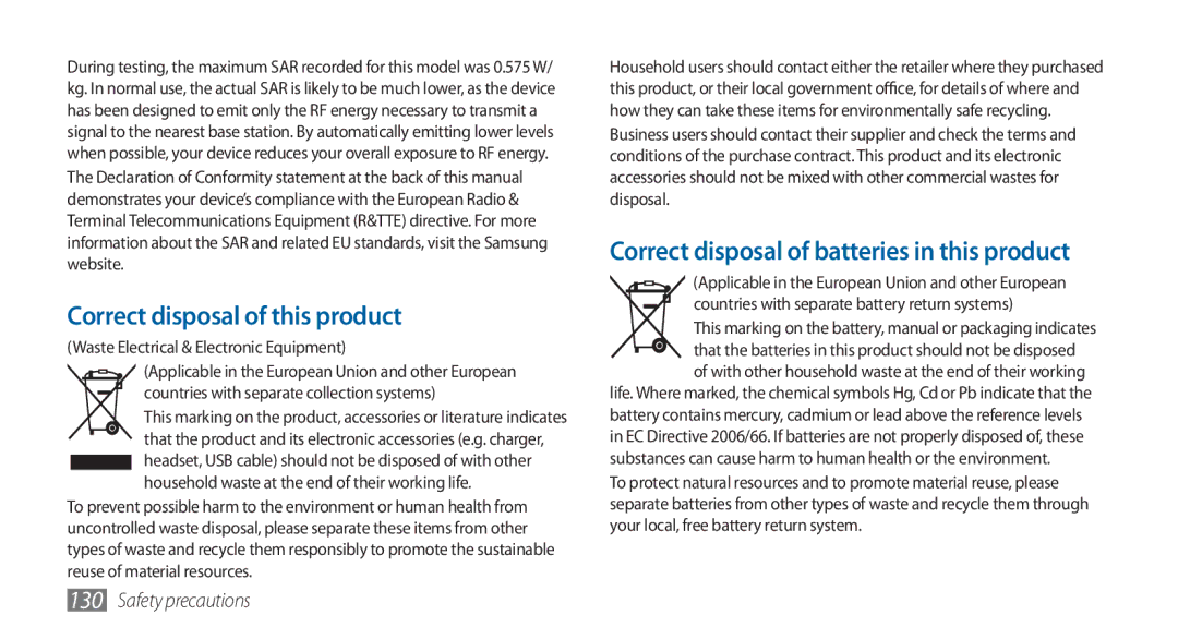 Samsung GT-I5800DKAATO, GT-I5800DKADTM Correct disposal of this product, Correct disposal of batteries in this product 