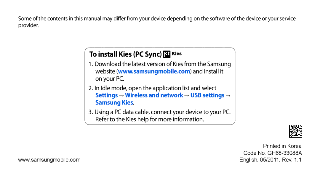 Samsung GT-I5800DKAATO, GT-I5800DKADTM, GT-I5800DKADBT, GT-I5800DKAXEG manual To install Kies PC Sync 