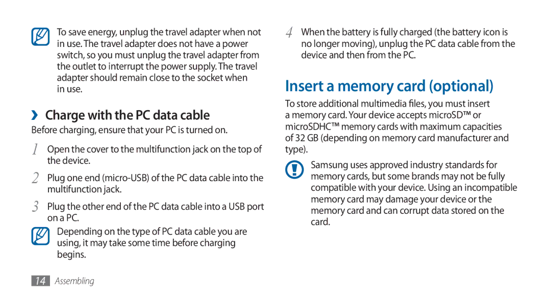 Samsung GT-I5800DKAATO, GT-I5800DKADTM manual Insert a memory card optional, ›› Charge with the PC data cable, On a PC 