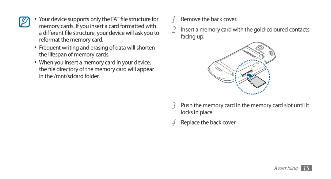 Samsung GT-I5800DKAXEG, GT-I5800DKADTM, GT-I5800DKADBT, GT-I5800DKAATO manual Facing up, Locks in place 